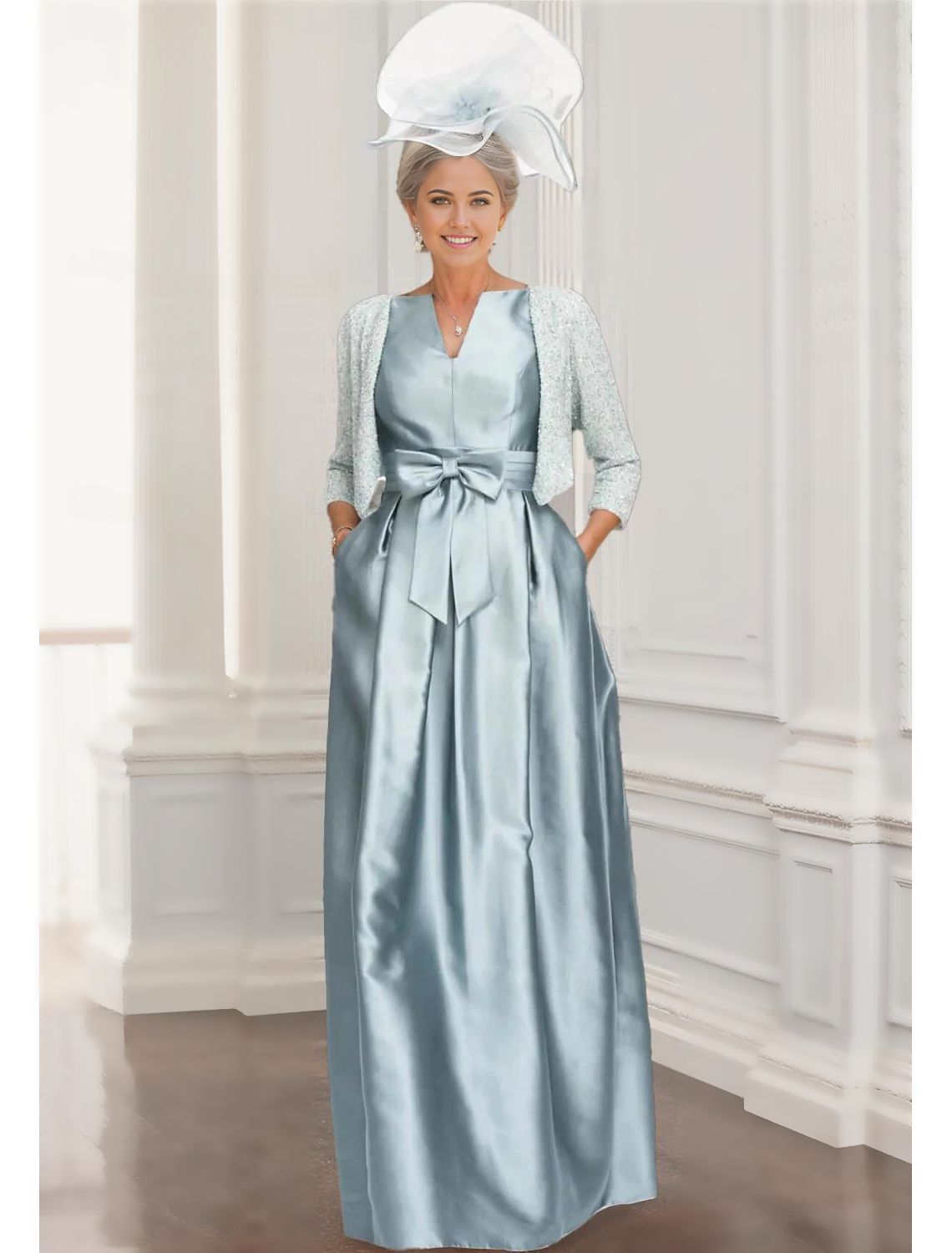 Vestido elegante de dos piezas para madre de la novia, corte en A, con brillo y brillo, escote en V, largo hasta el suelo, satén con lentejuelas, manga 3/4, cruzado incluido con lazo(s), talla personalizada gratis 2024
